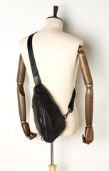 Black Leather Mens 8 inches Cool Sling Bags Crossbody Pack Black Chest Bag One Shoulder Pack for men - iwalletsmen