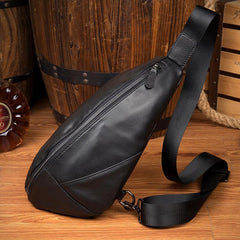 Black Leather Mens 8 inches Cool Sling Bags Crossbody Pack Black Chest Bag One Shoulder Pack for men - iwalletsmen
