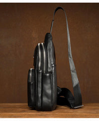 Black Leather Mens Cool Sling Pack Sling Bags Black Crossbody Packs Chest Bag for men - iwalletsmen