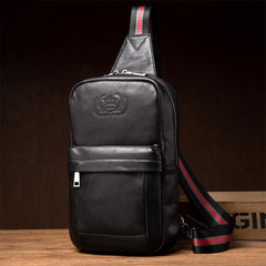 Cool Black Leather Mens Sling Bags Crossbody Pack Black Chest Bags One Shoulder Backpack for men - iwalletsmen