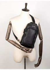Black Leather Mens Cool Sling Bags Crossbody Pack Black One Shoulder Backpack Chest Bags for men - iwalletsmen