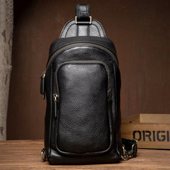 Black Leather Mens Cool Sling Bags Crossbody Pack Black One Shoulder Backpack Chest Bags for men - iwalletsmen
