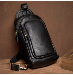 Black Leather Mens Cool Sling Bags Crossbody Pack Black One Shoulder Backpack Chest Bags for men - iwalletsmen