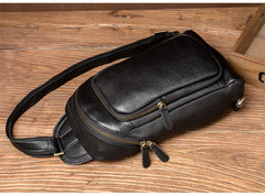 Black Leather Mens Cool Sling Bags Crossbody Pack Black One Shoulder Backpack Chest Bags for men - iwalletsmen