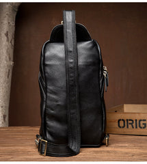 Black Leather Mens Cool Sling Bags Crossbody Pack Black One Shoulder Backpack Chest Bags for men - iwalletsmen