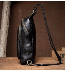 Black Leather Mens Cool Sling Bags Crossbody Pack Black One Shoulder Backpack Chest Bags for men - iwalletsmen