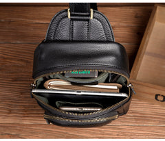 Black Leather Mens Cool Sling Bags Crossbody Pack Black One Shoulder Backpack Chest Bags for men - iwalletsmen