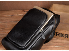 Black Leather Mens Cool Sling Bags Crossbody Pack Black One Shoulder Backpack Chest Bags for men - iwalletsmen