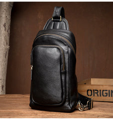 Black Leather Mens Cool Sling Bags Crossbody Pack Black One Shoulder Backpack Chest Bags for men - iwalletsmen