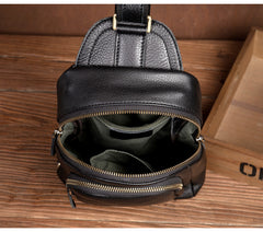 Black Leather Mens Cool Sling Bags Crossbody Pack Black One Shoulder Backpack Chest Bags for men - iwalletsmen