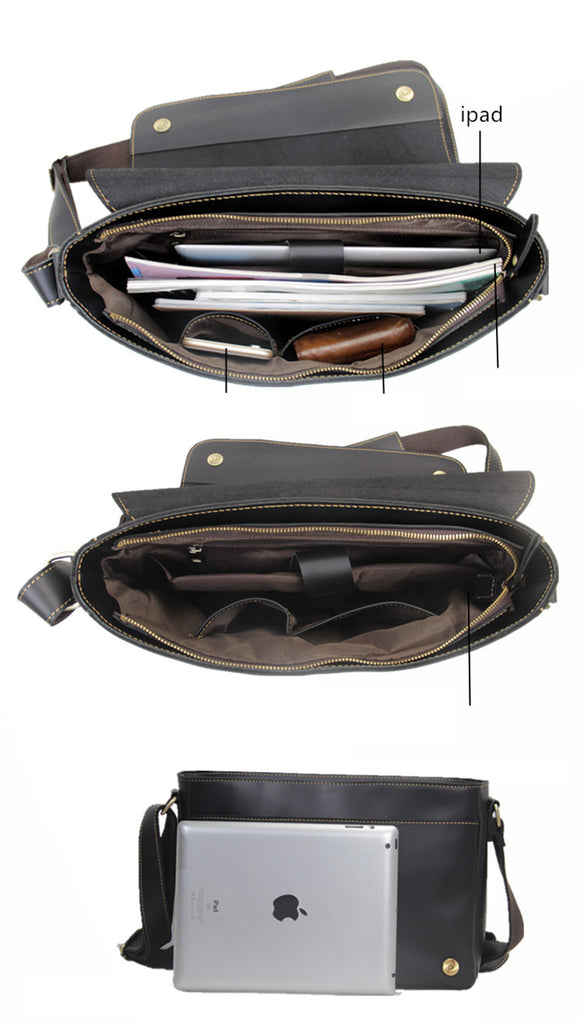 11 inch Leather Messenger Bag in Black