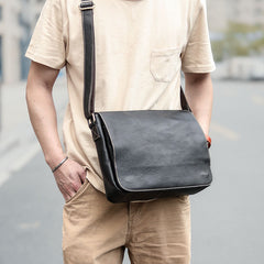 Casual Black Leather Mens 11 inches Courier Bags Messenger Bag Vintage Brown Postman Bags For Men - iwalletsmen