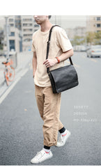 Casual Black Leather Mens 11 inches Courier Bags Messenger Bag Vintage Brown Postman Bags For Men - iwalletsmen