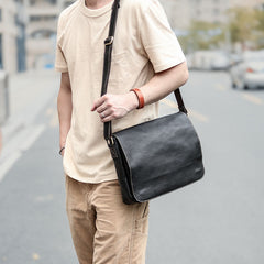 Casual Black Leather Mens 11 inches Courier Bags Messenger Bag Vintage Brown Postman Bags For Men - iwalletsmen
