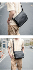 Casual Black Leather Mens 11 inches Courier Bags Messenger Bag Vintage Brown Postman Bags For Men - iwalletsmen