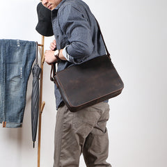 Casual Black Leather Mens 11 inches Courier Bags Messenger Bag Vintage Brown Postman Bags For Men - iwalletsmen