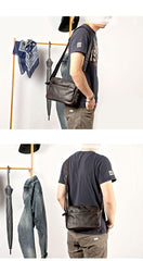 Black Leather Mens Casual Small Courier Bags Messenger Bags Gray Postman Bag For Men - iwalletsmen