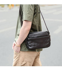 Black Leather Mens Casual Small Courier Bags Messenger Bags Gray Postman Bag For Men - iwalletsmen