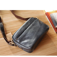 Black Leather Mens Casual Small Courier Bags Messenger Bags Gray Postman Bag For Men - iwalletsmen