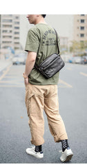 Black Leather Mens Casual Small Courier Bags Messenger Bags Gray Postman Bag For Men - iwalletsmen