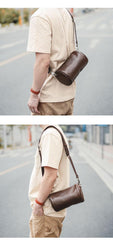 Black Leather Mens Small Casual Bucket Bag Barrel Messenger Bags Brown Postman Bag For Men - iwalletsmen