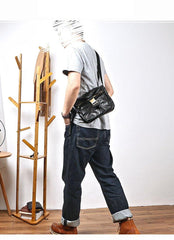 Black Leather Mens Casual Small Courier Bag Messenger Bags Brown Postman Bag For Men - iwalletsmen