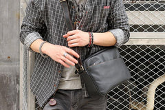 Black Leather Mens Casual Small Courier Bags Messenger Bag Amber Brown Postman Bags For Men - iwalletsmen