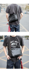 Black Leather Mens Casual Small Courier Bags Messenger Bag Amber Brown Postman Bags For Men - iwalletsmen