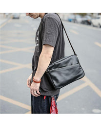 Black Leather Mens Casual Small Courier Bags Messenger Bag Amber Brown Postman Bags For Men - iwalletsmen
