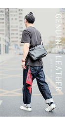 Black Leather Mens Casual Small Courier Bags Messenger Bag Amber Brown Postman Bags For Men - iwalletsmen