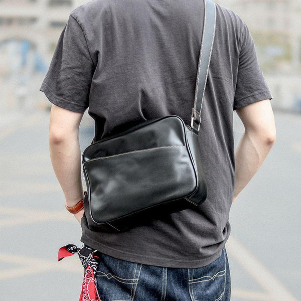 Black Leather Mens Casual Small Courier Bags Messenger Bag Amber Brown Postman Bags For Men - iwalletsmen