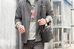 Black Leather Mens Casual Small Courier Bags Messenger Bag Amber Brown Postman Bags For Men - iwalletsmen