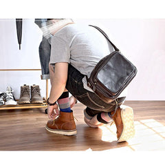 Black Leather Mens Casual Small Courier Bags Messenger Bag Dark Coffee Postman Bags For Men - iwalletsmen