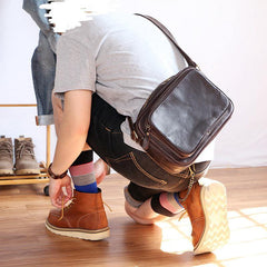 Black Leather Mens Casual Small Courier Bags Messenger Bag Dark Coffee Postman Bags For Men - iwalletsmen