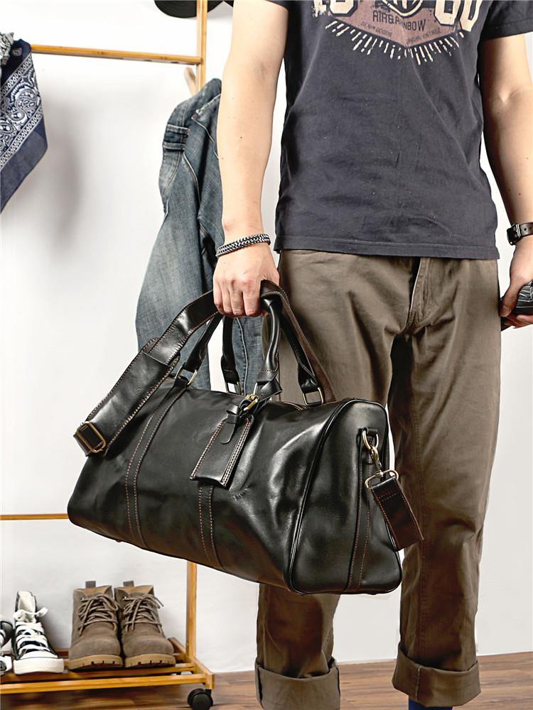 Black Leather Mens Casual Large Travel Bags Shoulder Weekender