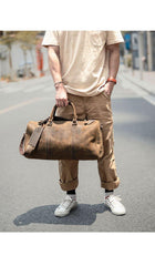 Black Leather Mens Casual Large Travel Bags Shoulder Weekender Bags Brown Duffle Bag For Men - iwalletsmen