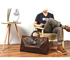 Vintage Brown Leather Mens Casual Large Travel Bags Shoulder Weekender Bags Duffle Bag For Men - iwalletsmen