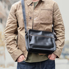 Black Leather Mens Casual Small Courier Bags Messenger Bag Coffee Brown Postman Bag For Men - iwalletsmen