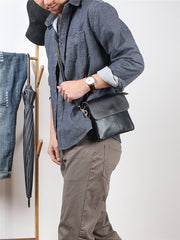 Black Leather Mens Cool Small Courier Bags Messenger Bags Amber Brown Postman Bag For Men - iwalletsmen