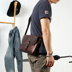 Black Leather Mens Casual Small Postman Bag Courier Bags Coffee Messenger Bag For Men - iwalletsmen