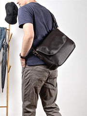 Black Leather Mens Casual 10'' Courier Bags Messenger Bags Dark Coffee Gray Postman Bag For Men - iwalletsmen