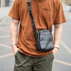 Black Leather Mens Casual Mini Phone Bags Messenger Bags Amber Postman Bag For Men - iwalletsmen