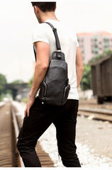 Black Leather Mens Cool Crossbody Pack Sling Bags Black Sling Pack Chest Bag for Men - iwalletsmen