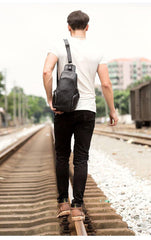 Black Leather Mens Cool Crossbody Pack Sling Bags Black Sling Pack Chest Bag for Men - iwalletsmen