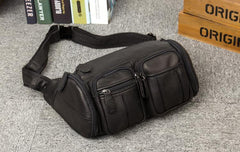 Black Leather Mens Cool Barrel Fanny Pack Hip Pack Bum Bag for men - iwalletsmen
