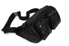Black Leather Mens Cool Barrel Fanny Pack Hip Pack Bum Bag for men - iwalletsmen