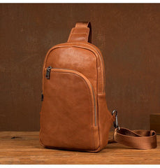 Black Leather Mens Cool Sling Bag Sling Pack Brown ONe Shoulder Backpack Chest Bag for men - iwalletsmen