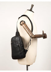 Black Leather Mens Cool Sling Bag Sling Pack Brown ONe Shoulder Backpack Chest Bag for men - iwalletsmen