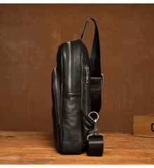 Black Leather Mens Cool Sling Bag Sling Pack Brown ONe Shoulder Backpack Chest Bag for men - iwalletsmen