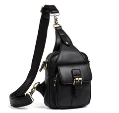 Black Leather Mens Cool Sling Bag Sling Pack Black Crossbody Packs Chest Bags for men - iwalletsmen